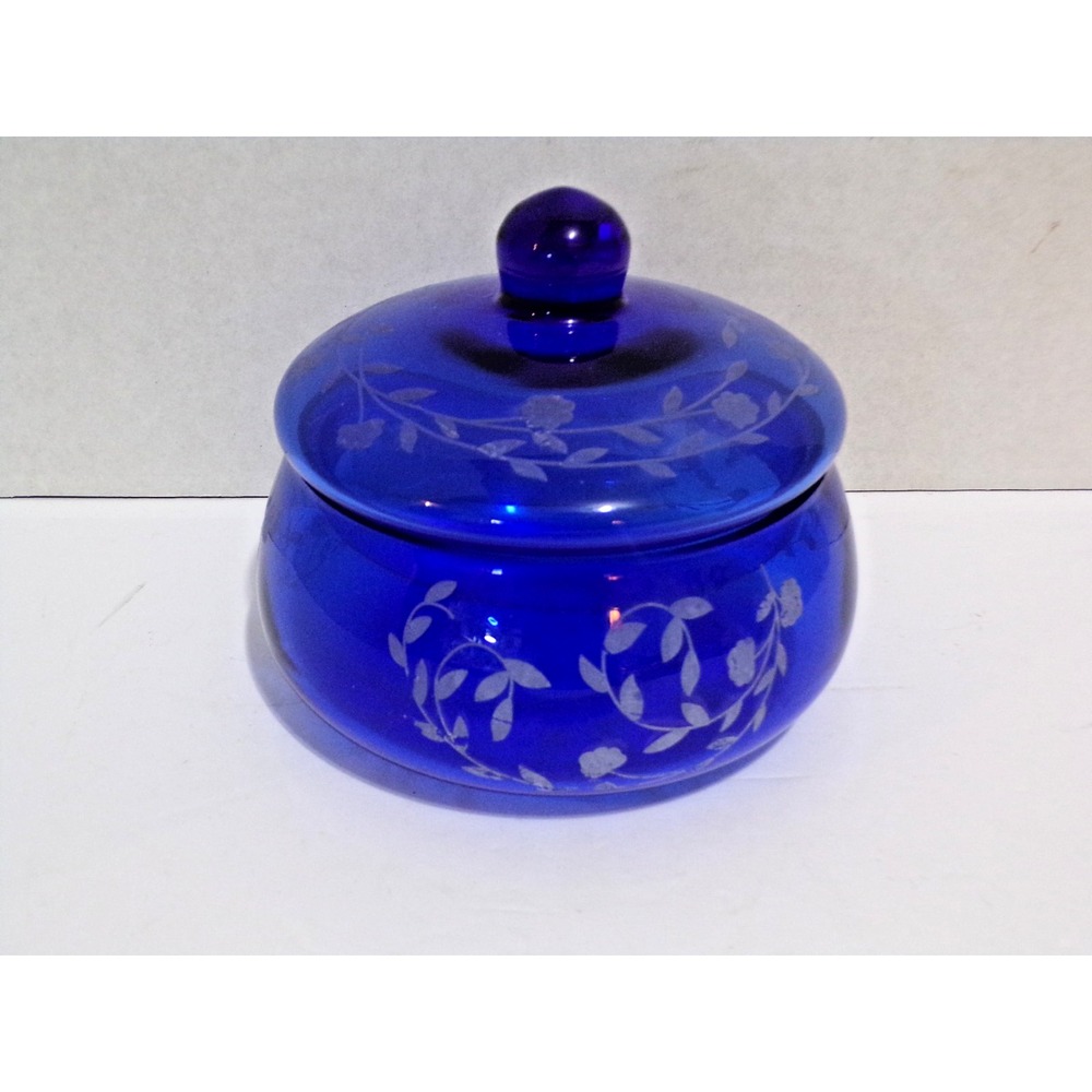 Cobalt Blue Glass Trinket  Candy  Jar w/Lid Etched White Floral Motifs Vintage?